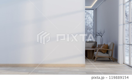 A contemporary minimalist home hallway or corridor leading through a living room. 119889154