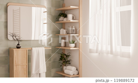 A minimalist Scandinavian bathroom showcases a mirror mounted on a tiled wall and decor. A minimalist Scandinavian bathroom showcases a mirror mounted on a tiled wall and decor. 119889172
