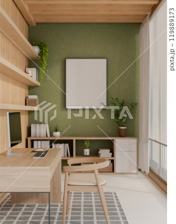 A contemporary home office with green and wood accents features a computer on a wooden desk. A contemporary home office with green and wood accents features a computer on a wooden desk. 119889173