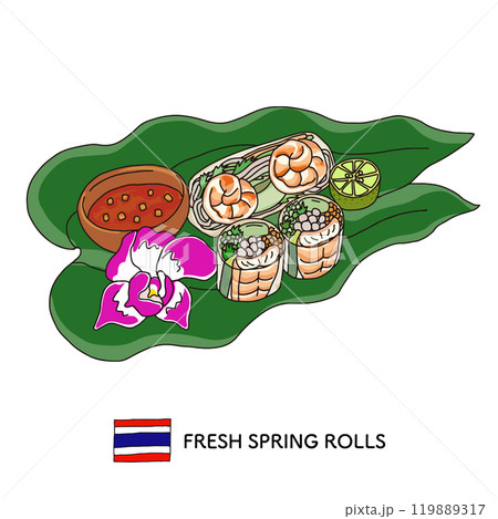 タイ料理＿生春巻きの手書きのイラスト 119889317