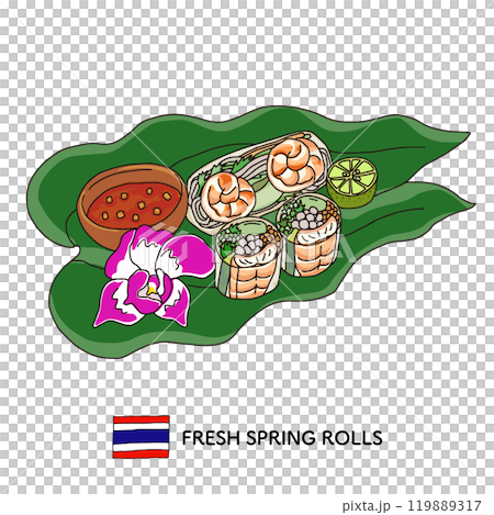 タイ料理＿生春巻きの手書きのイラスト 119889317