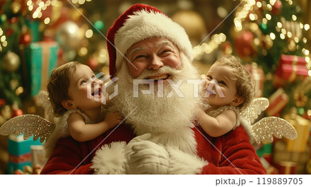 クリスマスを祝うサンタクロースと子ども天使たち クリスマスを祝うサンタクロースと子ども天使たち 119889705