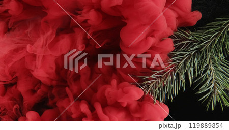 Fog pine branch. Smoke cloud. Green tree plant in red color ink water splash mist floating wave spreading abstract background. Fog pine branch. Smoke cloud. Green tree plant in red color ink water splash mist floating wave spreading abstract background. 119889854