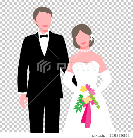 Smiling portrait of a bride in a wedding dress and a groom in a tuxedo Smiling portrait of a bride in a wedding dress and a groom in a tuxedo 119889892