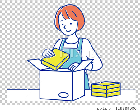 A young woman wearing an apron packing items into cardboard boxes A young woman wearing an apron packing items into cardboard boxes 119889980
