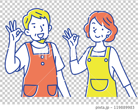 穿著圍裙的中年男女做出「OK」的手勢 119889983