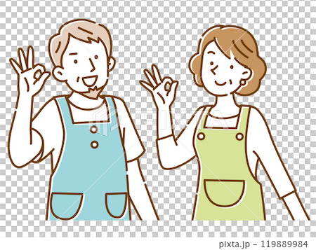 穿著圍裙的中年男女做出「OK」的手勢 穿著圍裙的中年男女做出「OK」的手勢 119889984