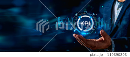 Businessman Holding KPI Icons, Performance Metrics and Data Analysis, Strategic Planning and Goal. 119890298