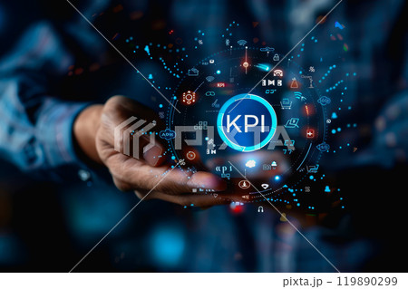 Businessman Holding KPI Icons, Performance Metrics and Data Analysis, Strategic Planning and Goal. 119890299