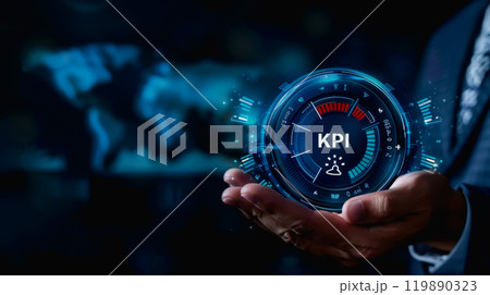 Businessman Holding KPI Icons, Performance Metrics and Data Analysis, Strategic Planning and Goal. Businessman Holding KPI Icons, Performance Metrics and Data Analysis, Strategic Planning and Goal. 119890323