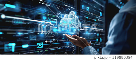 business technology cloud storage concept with backup social media data information icons. 119890384