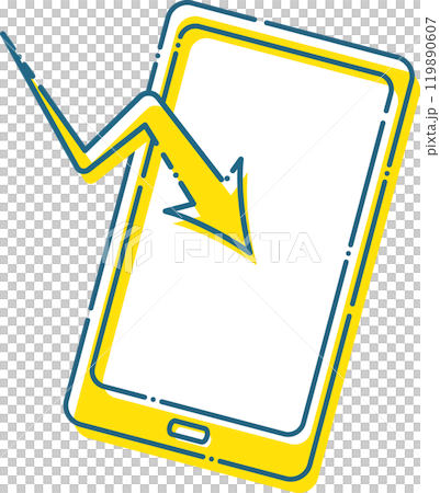 Illustration of a yellow smartphone with a blue dashed line and an image sending and receiving data 119890607