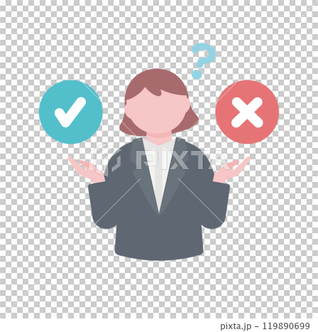 顯示正確或錯誤答案的女性辦公室職員插圖 顯示正確或錯誤答案的女性辦公室職員插圖 119890699