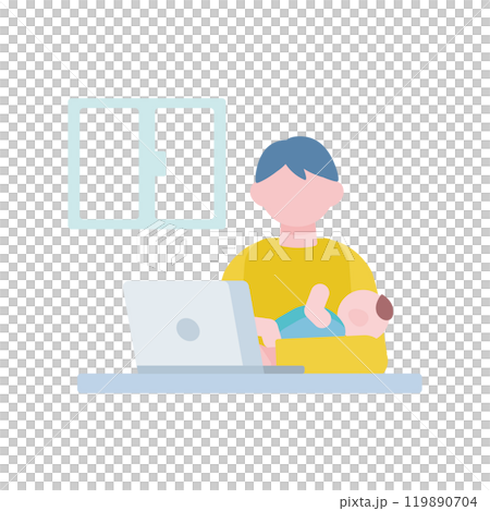 Illustration of a man working on a computer at home while holding a baby Illustration of a man working on a computer at home while holding a baby 119890704