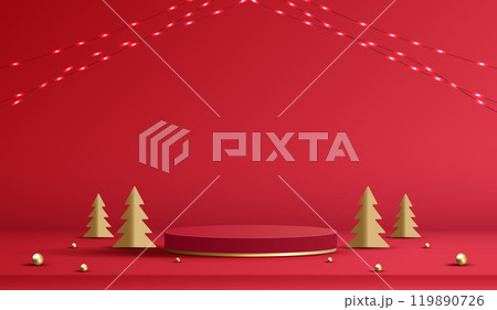 Podium shape for show cosmetic product display for christmas day or new years. Stand product showcase on red background with lighting christmas. vector design. Podium shape for show cosmetic product display for christmas day or new years. Stand product showcase on red background with lighting christmas. vector design. 119890726