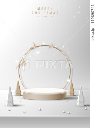Podium shape for show cosmetic product display for christmas day or new years. Stand product showcase on red background with lighting christmas. vector design. Podium shape for show cosmetic product display for christmas day or new years. Stand product showcase on red background with lighting christmas. vector design. 119890741