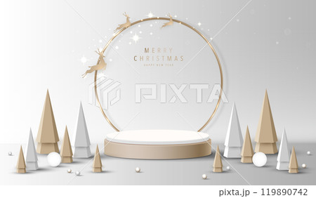 Podium shape for show cosmetic product display for christmas day or new years. Stand product showcase on red background with lighting christmas. vector design. Podium shape for show cosmetic product display for christmas day or new years. Stand product showcase on red background with lighting christmas. vector design. 119890742
