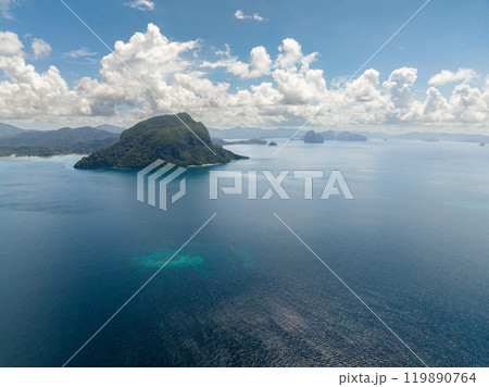 Islands with blue sea under blue sky and clouds. El Nido, Palawan. Philippines. 119890764