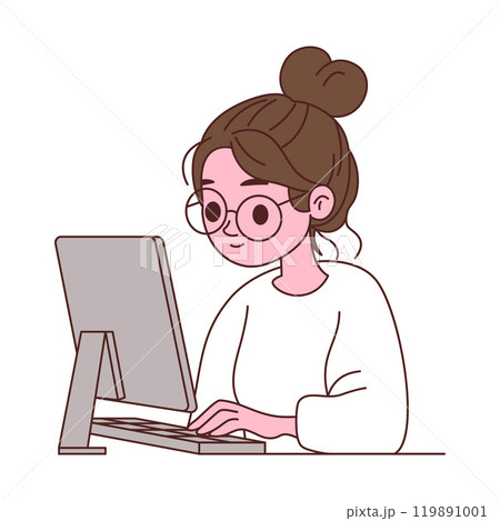 Girl Employee Cartoon Character Typing on Keyboard Working with Computer 119891001