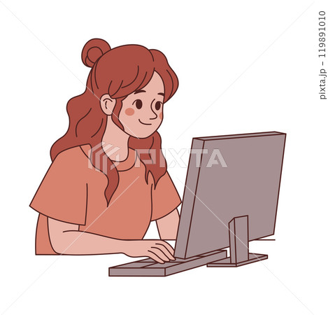 Girl Employee Cartoon Character Typing on Keyboard Working with Computer 119891010