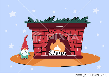 The Christmas fireplace is burning. Warm interior. Gnome by the fireplace. Vector illustration. 119891249