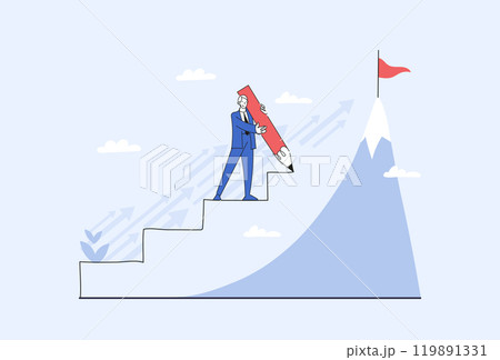 Concept of achieving goal, businessman creates way to mountain top, overcoming obstacles and innovation, motivation, growth and career. Vector sketch illustration. Concept of achieving goal, businessman creates way to mountain top, overcoming obstacles and innovation, motivation, growth and career. Vector sketch illustration. 119891331