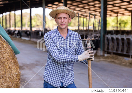 Confident owner of dairy farm standing on background with cows in stall 119891444