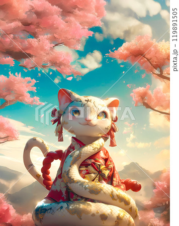 晴れ着を着た、白蛇と猫のキメラ 晴れ着を着た、白蛇と猫のキメラ 119891505