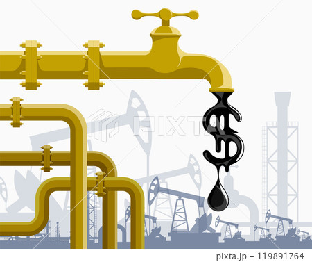 Oil pipeline. Against background of oil rigs and wells 119891764