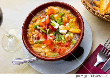 Traditional refreshing Extremadura dish Cojondongo from vegetables and bread in dressing Traditional refreshing Extremadura dish Cojondongo from vegetables and bread in dressing 119892006