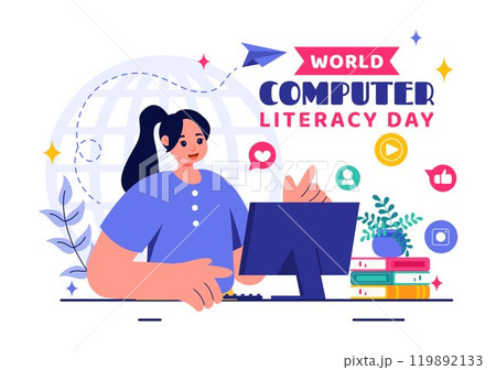 World Computer Literacy Day Vector Illustration on December 2, Featuring Books and Media Equipment to Promote Education in a Flat Style Background 119892133