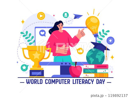 World Computer Literacy Day Vector Illustration on December 2, Featuring Books and Media Equipment to Promote Education in a Flat Style Background 119892137