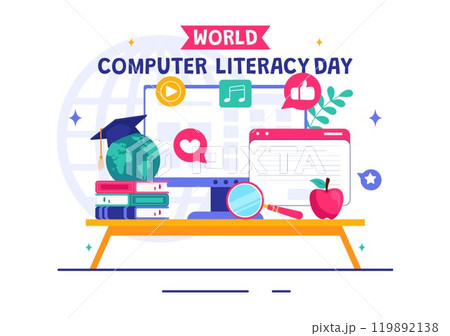 World Computer Literacy Day Vector Illustration on December 2, Featuring Books and Media Equipment to Promote Education in a Flat Style Background 119892138