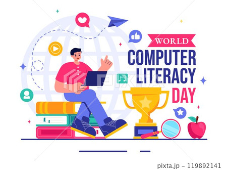 World Computer Literacy Day Vector Illustration on December 2, Featuring Books and Media Equipment to Promote Education in a Flat Style Background 119892141