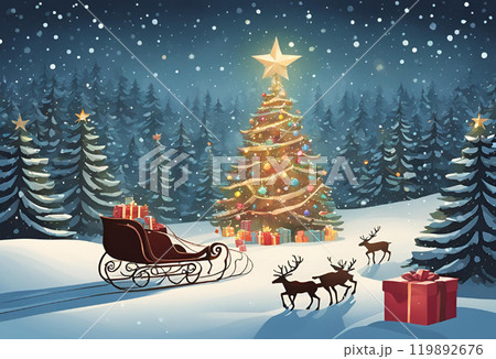 クリスマスの森トナカイがサンタクロースを待っている 119892676