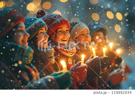 Joyful Friends Celebrating Winter Together Holding Candles in a Snowy Evening 119892834