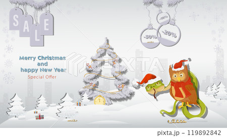 Special Offer Christmas and New Year Sale Snake and owl Santa Claus hat next to a fir tree in a winter snowy forest Special Offer Christmas and New Year Sale Snake and owl Santa Claus hat next to a fir tree in a winter snowy forest 119892842