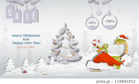 Special Offer Christmas and New Years Sale a snake hiding behind a big Santa Claus hat next to a fir tree in a winter snowy forest Special Offer Christmas and New Years Sale a snake hiding behind a big Santa Claus hat next to a fir tree in a winter snowy forest 119892852