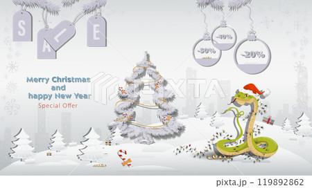 Special offer Christmas and New Years Sale A snake in a Santa Claus hat wrapped in a garland with a fir tree in a winter snowy forest Special offer Christmas and New Years Sale A snake in a Santa Claus hat wrapped in a garland with a fir tree in a winter snowy forest 119892862