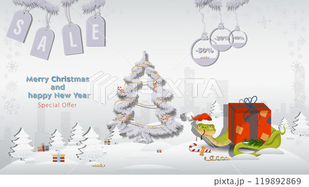 Special Offer Christmas and New Years Sale A snake in a Santa Claus hat wraps around a gift box with a fir tree in a winter snowy forest Special Offer Christmas and New Years Sale A snake in a Santa Claus hat wraps around a gift box with a fir tree in a winter snowy forest 119892869