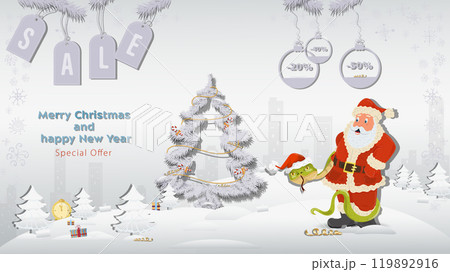 Special Offer Christmas and New Years Sale A snake in a Santa Claus hat wraps around Santa Claus next to a fir tree in a winter snowy forest 119892916