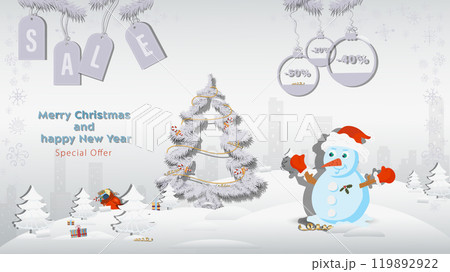 Special offer Christmas and New Years Sale A snowman in a Santa Claus hat next to a fir tree in a winter snow forest 119892922