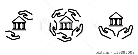 hand take care government building court museum library logo icon set collection line stroke design symbol of politics institution historic landmark community support 119893008