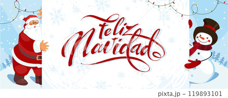Feliz Navidad. Santa Claus and snowman hold a poster in Spanish. Christmas banner with winter scenery and decor. Flat cartoon vector card. 119893101