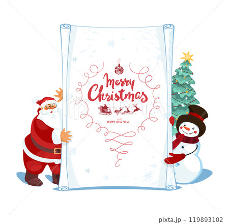 Santa Claus and snowman holding big poster with Christmas greeting, seasonal vector card for new year, winter holiday. Vector. 119893102