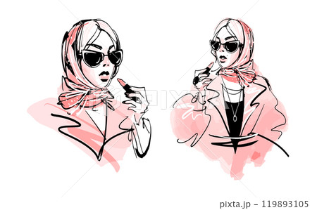 Glamorous girl paints her lips with lipstick, fashionable young woman in autumn clothes, stylish sketch illustration with marker. Vector isolated on white background. 119893105