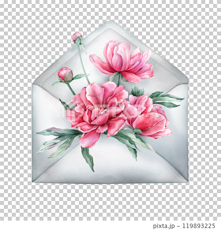 Open grey vintage envelope with pink peony flowers in full bloom isolated on a white background. Hand drawn watercolor illustrations Summer botanical plant. Elements for design invitations. Open grey vintage envelope with pink peony flowers in full bloom isolated on a white background. Hand drawn watercolor illustrations Summer botanical plant. Elements for design invitations. 119893225
