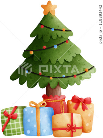 Christmas tree with gifts watercolor illustration Christmas tree with gifts watercolor illustration 119893442