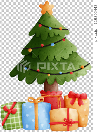 Christmas tree with gifts watercolor illustration Christmas tree with gifts watercolor illustration 119893442