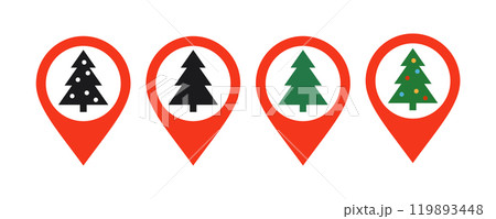 Christmas location icon. Christmas tree and map pin. Xmas market sign. Holiday place red symbol. Vector illustration isolated on white background 119893448